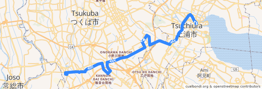 Mapa del recorrido 関東鉄道バス 土浦駅⇒農林団地⇒みどりの駅 de la línea  en Prefettura di Ibaraki.