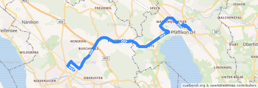 Mapa del recorrido Bus 830: Uster, Bahnhof => Pfäffikon ZH, Bahnhof de la línea  en Zúrich.