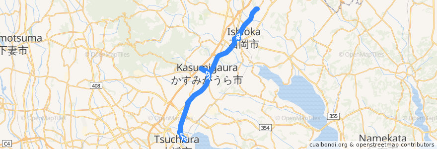 Mapa del recorrido 関鉄グリーンバス 土浦駅⇒つくば国際大学東風高校⇒石岡駅・ヒルズガーデン美野里 de la línea  en 茨城县.