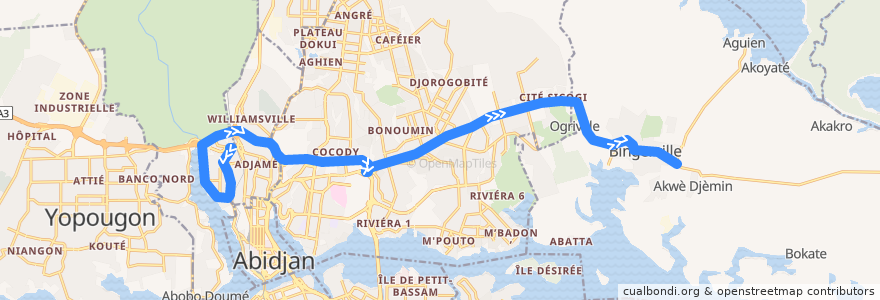 Mapa del recorrido gbaka : Adjame Agban → Bingerville de la línea  en 아비장.