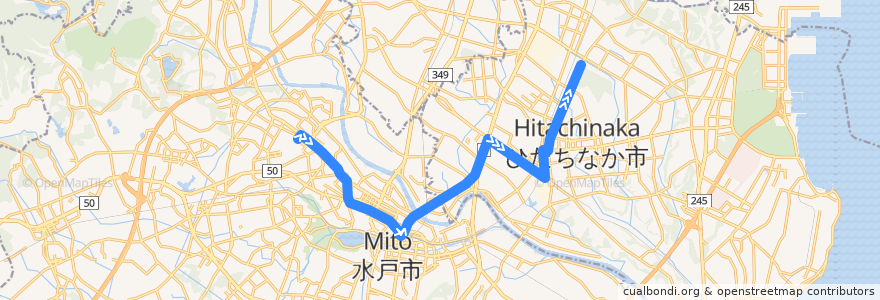 Mapa del recorrido 茨城交通バス34系統 茨大前営業所⇒水戸駅⇒勝田駅・勝田営業所 de la línea  en 茨城県.