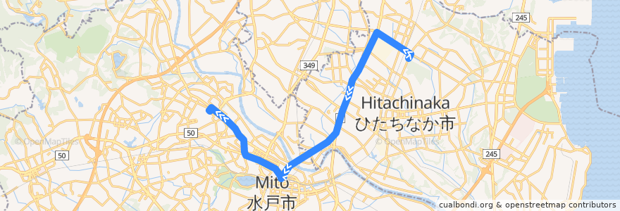 Mapa del recorrido 茨城交通バス 勝田営業所・東海工場⇒水戸駅⇒茨大前営業所 de la línea  en 茨城県.