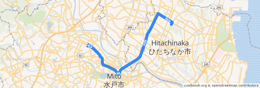 Mapa del recorrido 茨城交通バス 茨大前営業所⇒水戸駅⇒東海工場・勝田営業所 de la línea  en 茨城县.