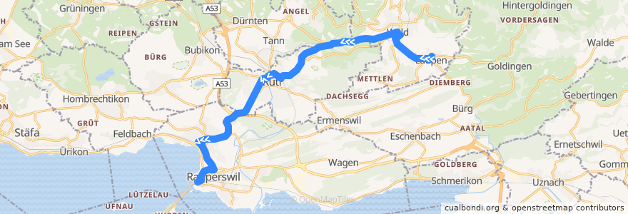Mapa del recorrido Bus 885: Laupen ZH, Schulhaus => Rapperswil SG, Bahnhof de la línea  en Schweiz/Suisse/Svizzera/Svizra.