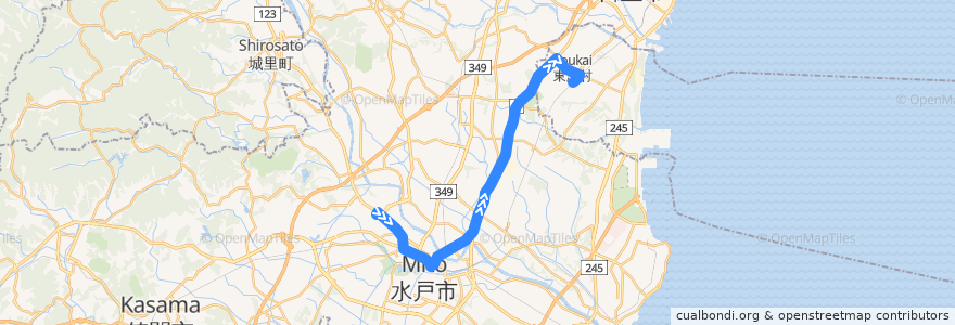 Mapa del recorrido 茨城交通バス35系統 茨大前営業所⇒水戸駅・市毛⇒東海駅 de la línea  en 茨城県.
