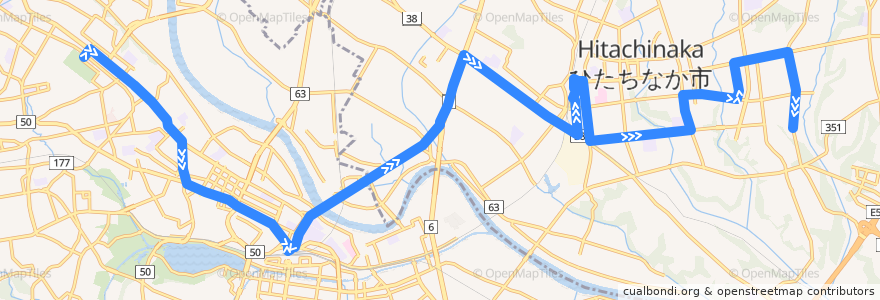 Mapa del recorrido 茨城交通バス21系統 茨大前営業所・水戸駅⇒勝田駅・薬師台⇒本郷台・東中根団地 de la línea  en 茨城県.