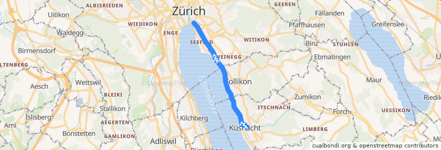 Mapa del recorrido Bus N18: Küsnacht → Bellevue de la línea  en 蘇黎世州.