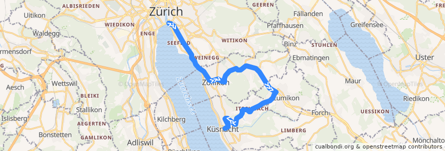 Mapa del recorrido Bus N18: Bellevue → Küsnacht de la línea  en Zurique.