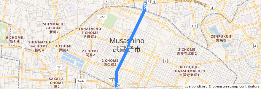 Mapa del recorrido Bus 鷹1 北裏->三鷹駅北口 de la línea  en 武藏野市.