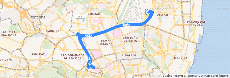 Mapa del recorrido AeroBus 2 de la línea  en لشبونة.