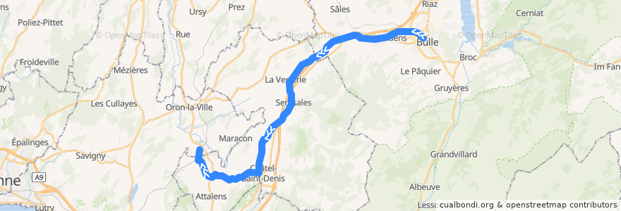 Mapa del recorrido S50: Bulle => Palézieux de la línea  en Fribourg/Freiburg.