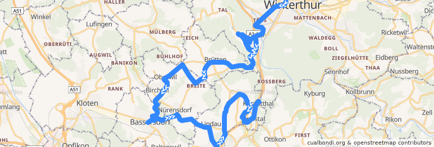 Mapa del recorrido Bus N66: Winterthur Hauptbahnhof → Kemptthal de la línea  en 취리히.