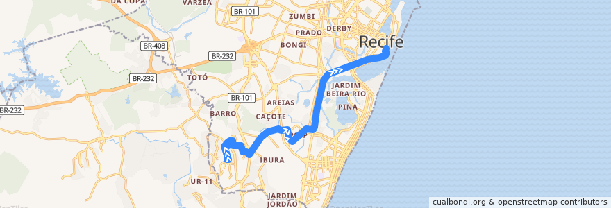 Mapa del recorrido UR-02 / Ibura ( Opcional ) de la línea  en 累西腓.