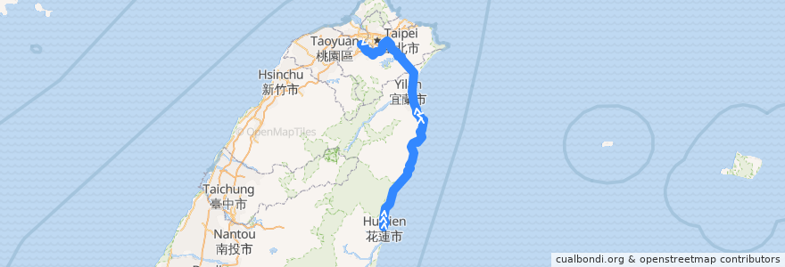 Mapa del recorrido 1580 花蓮市→國道5號→板橋 de la línea  en 中華民國12浬領海外界線.