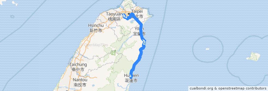 Mapa del recorrido 1580 板橋→國道5號→花蓮市 de la línea  en Taiwan maritime boundary.