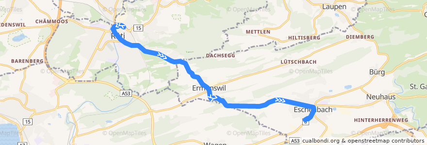 Mapa del recorrido Bus 631: Rüti ZH, Bahnhof => Eschenbach SG, Dorftreff de la línea  en 스위스.