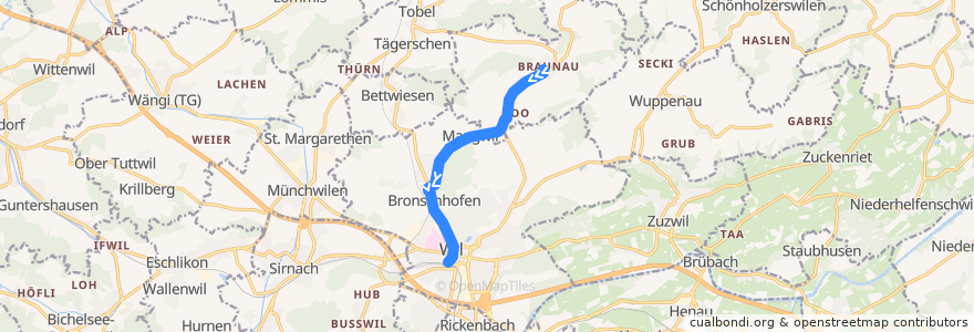 Mapa del recorrido Bus 706: Braunau, Dorf => Wil, Bahnhof de la línea  en Suiza.