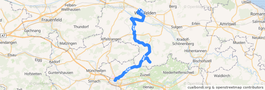 Mapa del recorrido Bus 722: Weinfelden, Bahnhof => Wil, Bahnhof de la línea  en Suiza.