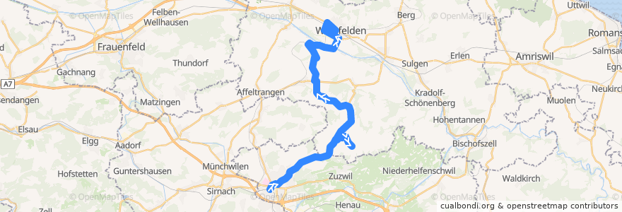 Mapa del recorrido Bus 722: Wil, Bahnhof => Weinfelden, Bahnhof de la línea  en Schweiz.