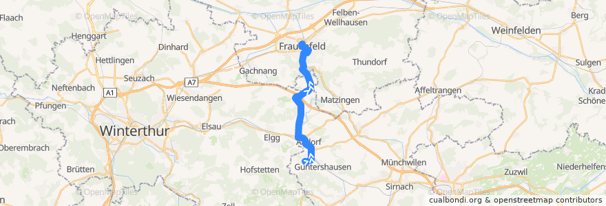 Mapa del recorrido Bus 834: Ettenhausen TG, Elggerstrasse => Frauenfeld, Bahnhof de la línea  en Schweiz/Suisse/Svizzera/Svizra.
