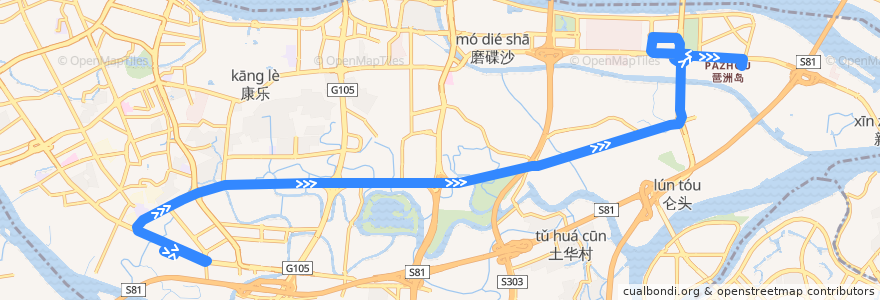 Mapa del recorrido 998路(永翠路总站-万胜围总站) de la línea  en Haizhu.