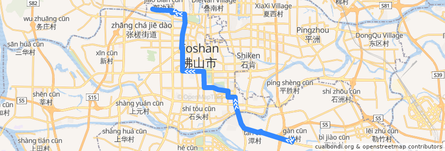 Mapa del recorrido 127路(绀村-火车站江边村) de la línea  en Foshan.