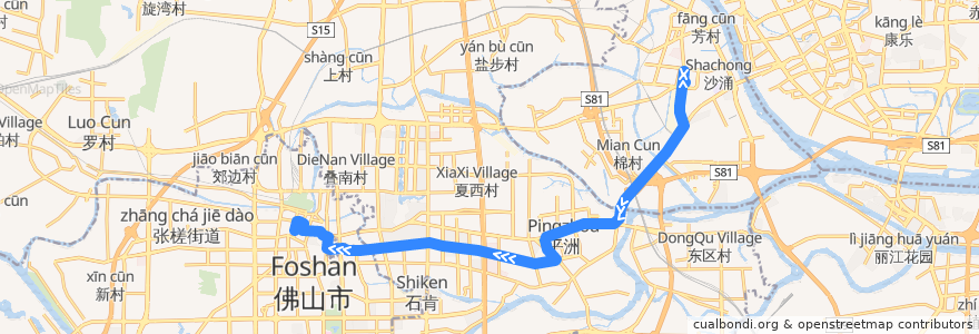 Mapa del recorrido 佛232B路（芳村客运站-松风路公交枢纽站） de la línea  en 广东省.