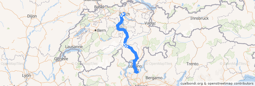 Mapa del recorrido Flixbus 519: Zürich HB (Carpark Sihlquai) => Rom, Tiburtina de la línea  en Suíça.