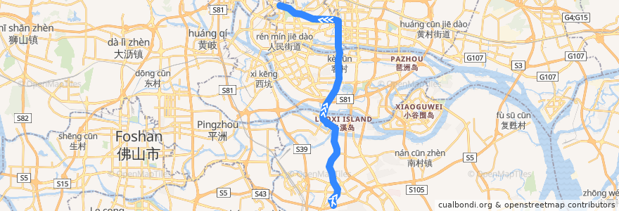 Mapa del recorrido 节假日公交专线2路[广州火车站(草暖公园)总站-大夫山北门] de la línea  en Canton.