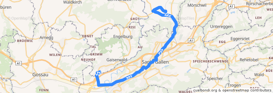 Mapa del recorrido Bus 4: Abtwil SG, Säntispark => Wittenbach, Bahnhof de la línea  en San Galo.