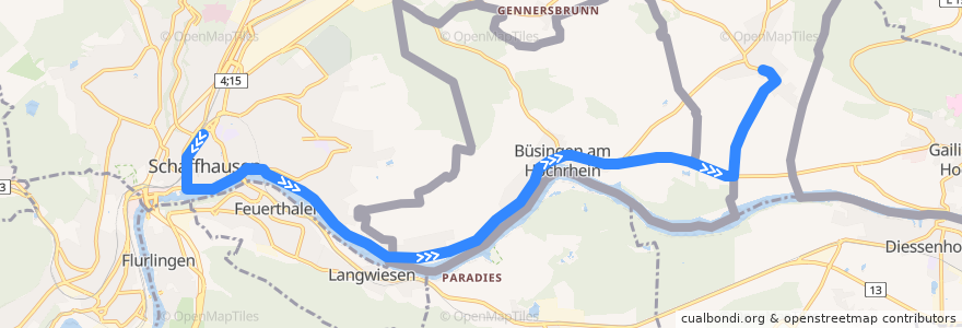 Mapa del recorrido Bus 25: Schaffhausen, Bahnhof => Dörflingen, Kirche de la línea  en 스위스.