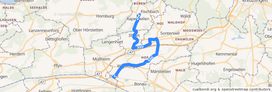 Mapa del recorrido Bus 832: Raperswilen, Schulhaus => Müllheim-Wigoltingen, Bahnhof de la línea  en Thurgau.