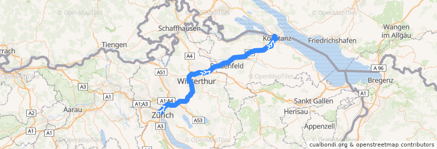 Mapa del recorrido Flixbus 124: Zürich HB (Carpark Sihlquai) => Stuttgart Airport Busterminal (SAB) de la línea  en Suíça.
