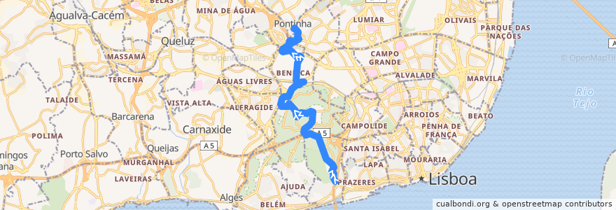 Mapa del recorrido Bus 724: Alcântara - Calçada da Tapada → Pontinha de la línea  en リスボン.