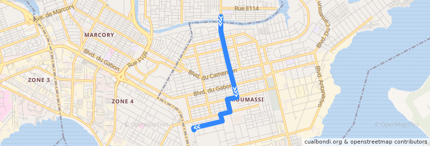 Mapa del recorrido woro woro : Sans fil → Koumassi Hôpital général de la línea  en 阿比让 / 阿必尚.