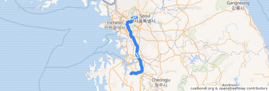 Mapa del recorrido 수도권 전철 1호선 경부·장항 계통: 청량리 → 신창 급행 de la línea  en 대한민국.