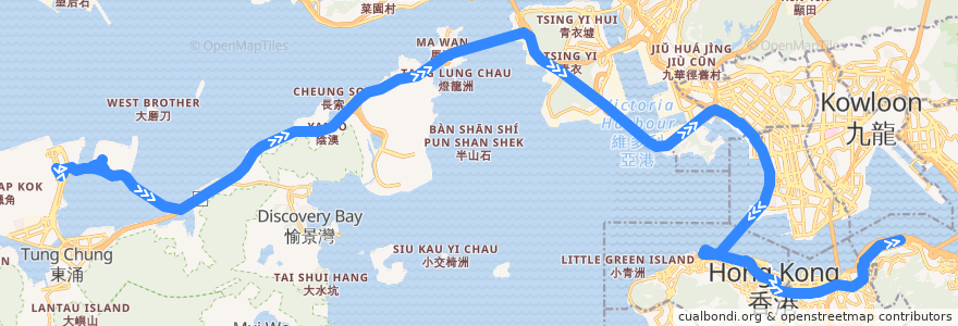 Mapa del recorrido 城巴機場快線A11線 Cityflyer A11 (機場 Airport → 北角碼頭 North Point Ferry Pier) de la línea  en 香港 Hong Kong.