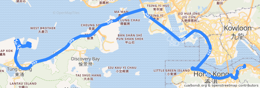 Mapa del recorrido 城巴機場快線A11線 Cityflyer A11 (北角碼頭 North Point Ferry Pier → 機場 Airport) de la línea  en 香港 Hong Kong.