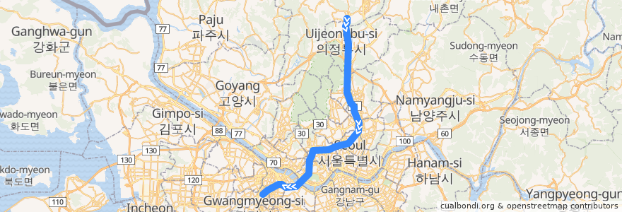 Mapa del recorrido 수도권 전철 1호선 경인·경원 계통: 양주 → 구로 de la línea  en 서울특별시.