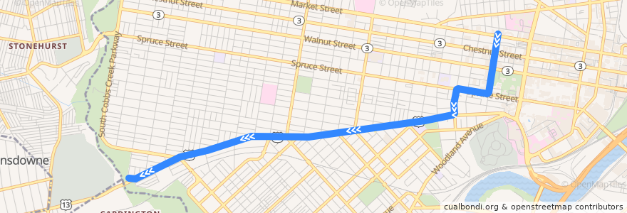 Mapa del recorrido SEPTA 34 (diverted): 40th & Market → Angora Loop de la línea  en フィラデルフィア.