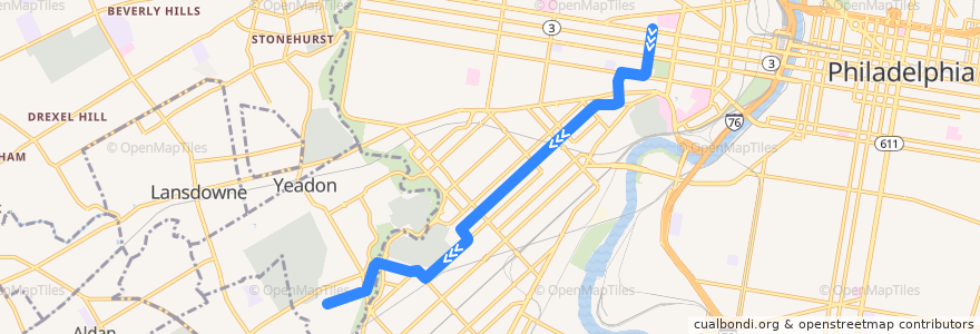 Mapa del recorrido SEPTA 13 (diverted): 40th & Market → Yeadon Loop de la línea  en Pensilvanya.