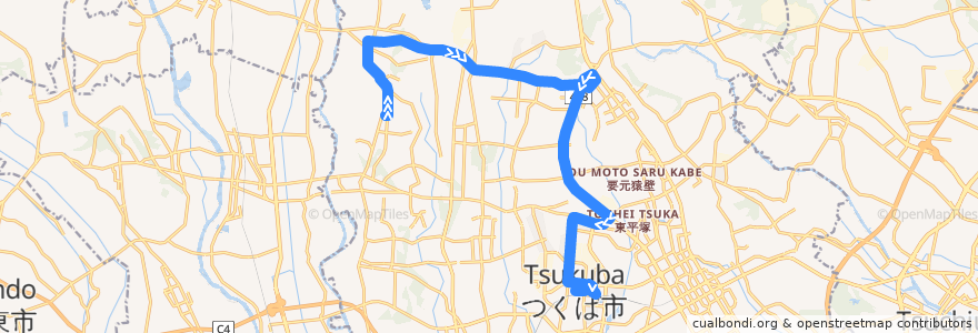 Mapa del recorrido つくバス吉沼シャトル とよさと病院⇒大穂窓口センター⇒研究学園駅 de la línea  en つくば市.