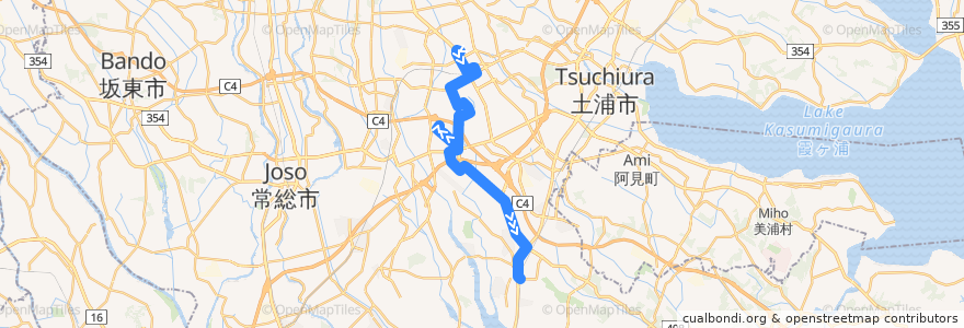 Mapa del recorrido 関東鉄道バス42A系統 筑波大学病院⇒つくばセンター・手代木団地・農林団地⇒牛久駅西口 de la línea  en つくば市.