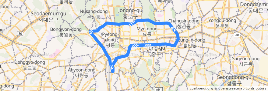 Mapa del recorrido 서울 시내버스 01B de la línea  en Séoul.
