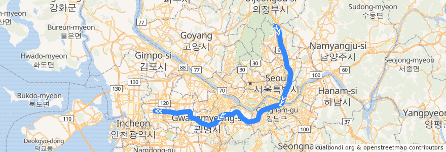 Mapa del recorrido 서울 지하철 7호선: 도봉산 → 부평구청 de la línea  en 대한민국.