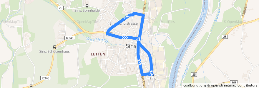 Mapa del recorrido Bus 348: Sins, Bahnhof => Schulstrasse => Bahnhof de la línea  en Switzerland.