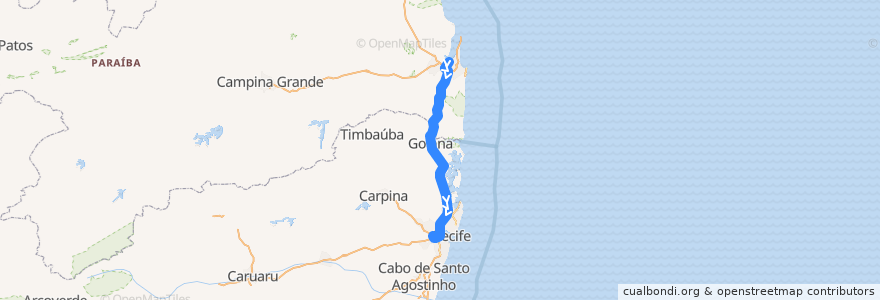 Mapa del recorrido João Pessoa - Recife de la línea  en المنطقة الشمالية الشرقية.