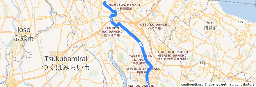 Mapa del recorrido 関東鉄道バス4S系統 牛久駅西口⇒農林団地⇒生物研大わしキャンパス de la línea  en 茨城県.