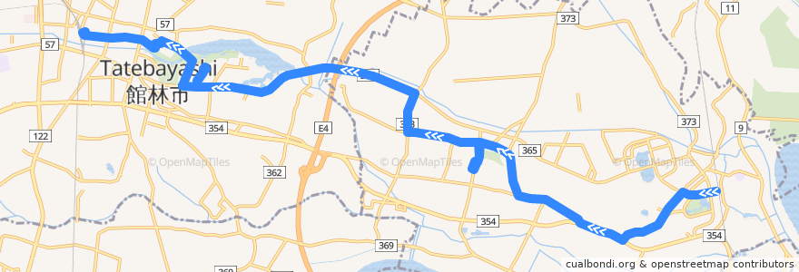 Mapa del recorrido 館林・板倉線 板倉東洋大前駅西口⇒籾谷・館林市役所⇒館林駅東口 de la línea  en 群馬県.