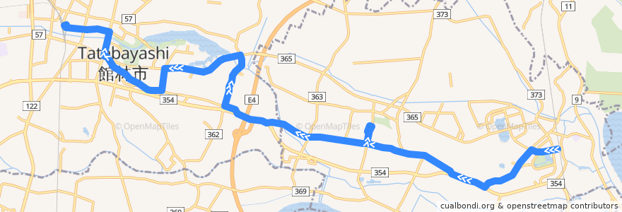 Mapa del recorrido 館林・板倉線 板倉東洋大前駅西口⇒館林インター・慶友整形外科病院西⇒館林駅東口 de la línea  en 群馬県.
